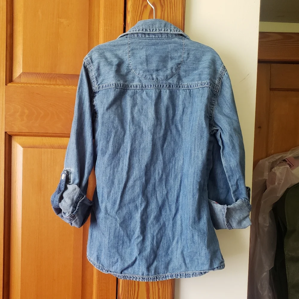 Justice Girls Blue Denim Look Button-Up Long Sleeve Shirt Jacket 8 Floral